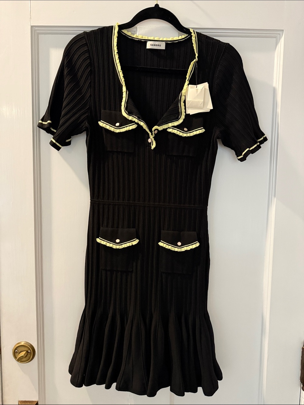 Sandro Black Midi Knit Dress with Yellow Trim